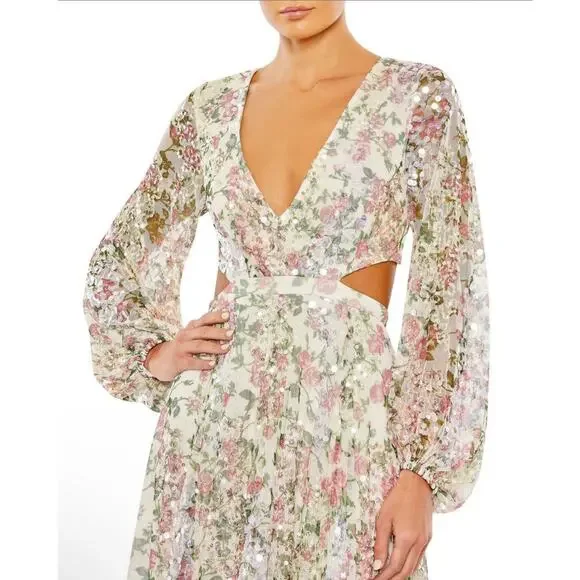 Mac Duggal NEW Sz 16 93746 Floral Chiffon Cutout Waist Lace-Up Corset Back Gown Mac Duggal NEW Sz 16 93746 Floral Chiffon Cutout Waist Lace-Up Corset Back Gown